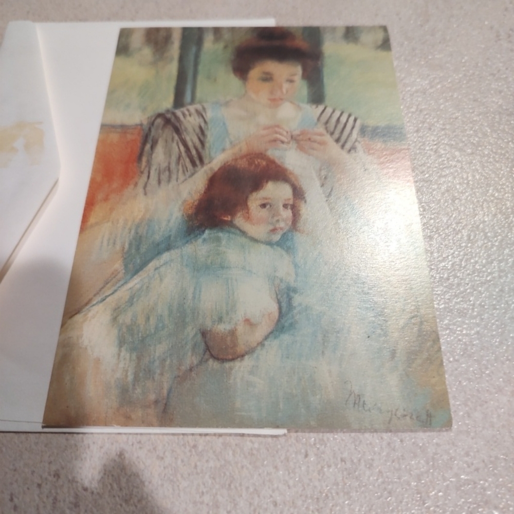 Vintage blank greeting card featuring Mary Cassatt's painting Mother Sewing